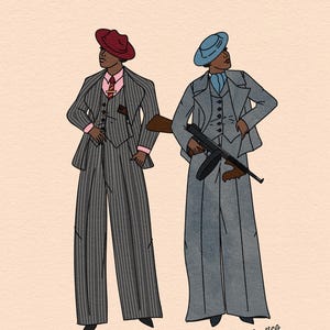 May include: Illustration of two figures in vintage-style suits and hats. One figure wears a red hat and a pinstripe suit, the other a blue hat and a gray suit, holding a machine gun. The artwork has a retro aesthetic.