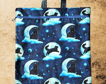 Black cat and moons Handmade Cross Stitch Project Bag | Fits 11 inch Q-Snap | Zipper Project Pouch