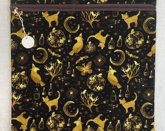 Cross-stitch project bag, embroidery, needlepoint, knitting, journal book bag, ravens, cats and potions print