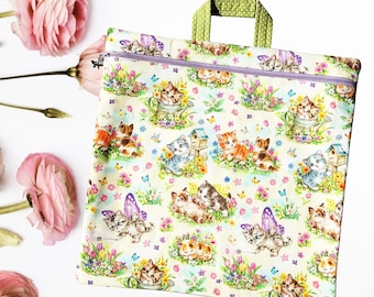 Pochette à ouvrage zippée « Chatons tout doux » pour broderie au point de croix | Convient aux agrafes Q-Snap de 28 cm |