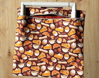 Pochette à projets de broderie au point de croix faite main, motif douceurs d'automne | Convient aux agrafes Q-Snap de 28 cm | Pochette à projets zippée
