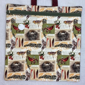 Cross-stitch project bag, embroidery, needlepoint, knitting bag, journal book bag, bird nest fern print