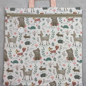 Cross-stitch project bag, embroidery, needlepoint, knitting bag, journal book bag, baby forest animal print