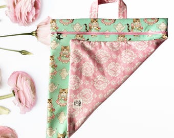Cats and tea Cross Stitch Project Bag | Fits 11 inch Q-Snap | Zipper Project Pouch