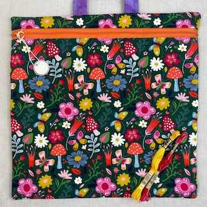 Cross-stitch project bag, embroidery, needlepoint, journal book bag, mushroom and flower print