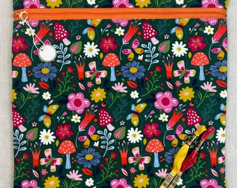 Cross-stitch project bag, embroidery, needlepoint, journal book bag, mushroom and flower print