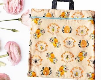 Bees and hives Handmade Cross Stitch Project Bag | Fits 11 inch Q-Snap | Zipper Project Pouch