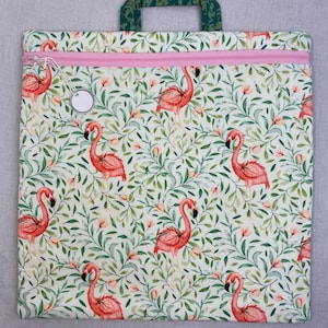 Cross-stitch project bag, embroidery, needlepoint, knitting bag, journal book bag, flamingo print