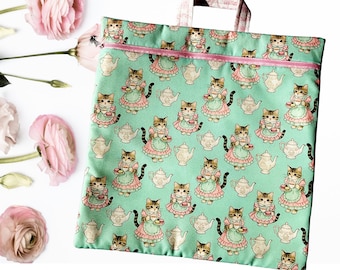 Cats and tea Handmade Cross Stitch Project Bag | Fits 11 inch Q-Snap | Zipper Project Pouch