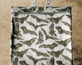 Flying bats Handmade Cross Stitch Project Bag | Fits 11 inch Q-Snap | Zipper Project Pouch