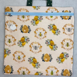 Cross-stitch project bag, embroidery, needlepoint, knitting bag, journal book bag, bee and flower print