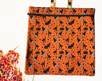 Pochette à ouvrage zippée pour broderie au point de croix, motif chats noirs | Convient aux anneaux Q-Snap de 28 cm |