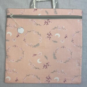 Cross-stitch project bag, embroidery, needlepoint, knitting bag, journal book bag, moon and flower print