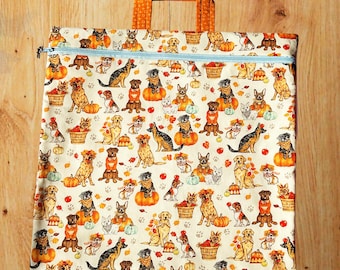 Autumn dogs Handmade Cross Stitch Project Bag | Fits 11 inch Q-Snap | Zipper Project Pouch