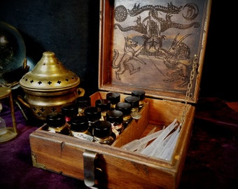 Apothecary Case - Solid wood and brass, Engraved and hand-aged, Wolf, Goat, Dragon