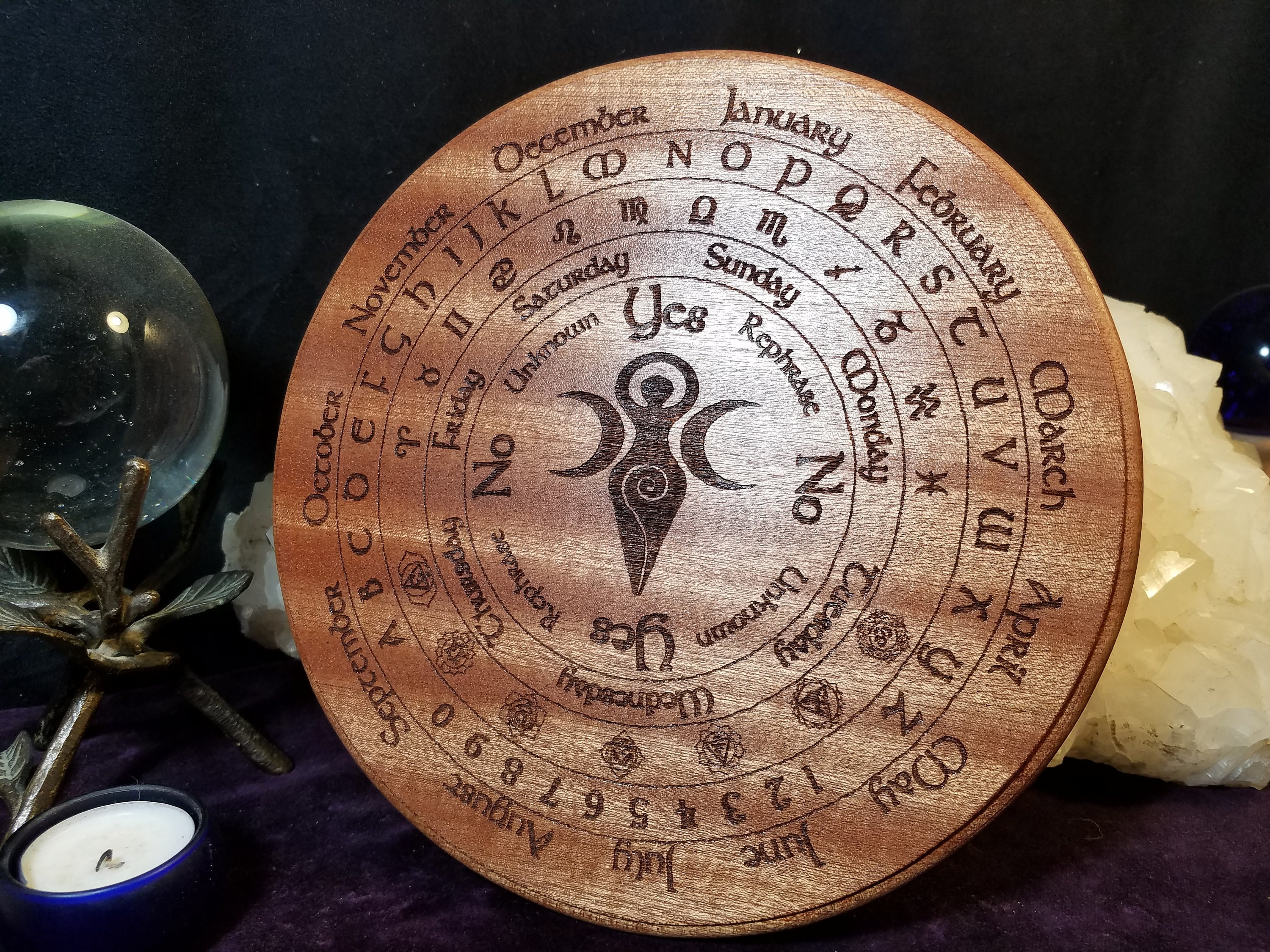 9" Goddess / Chakra Ultimate Pendulum Board - Engraved, Solid Wood