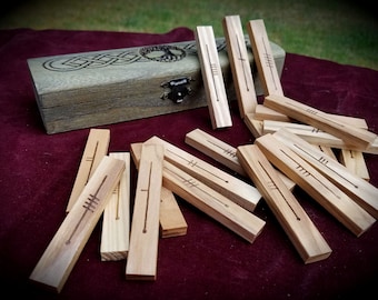 Ash Celtic Ogham Staves w/ Forfeda & custom case  - Engraved Wood Divination, Psychic Reading