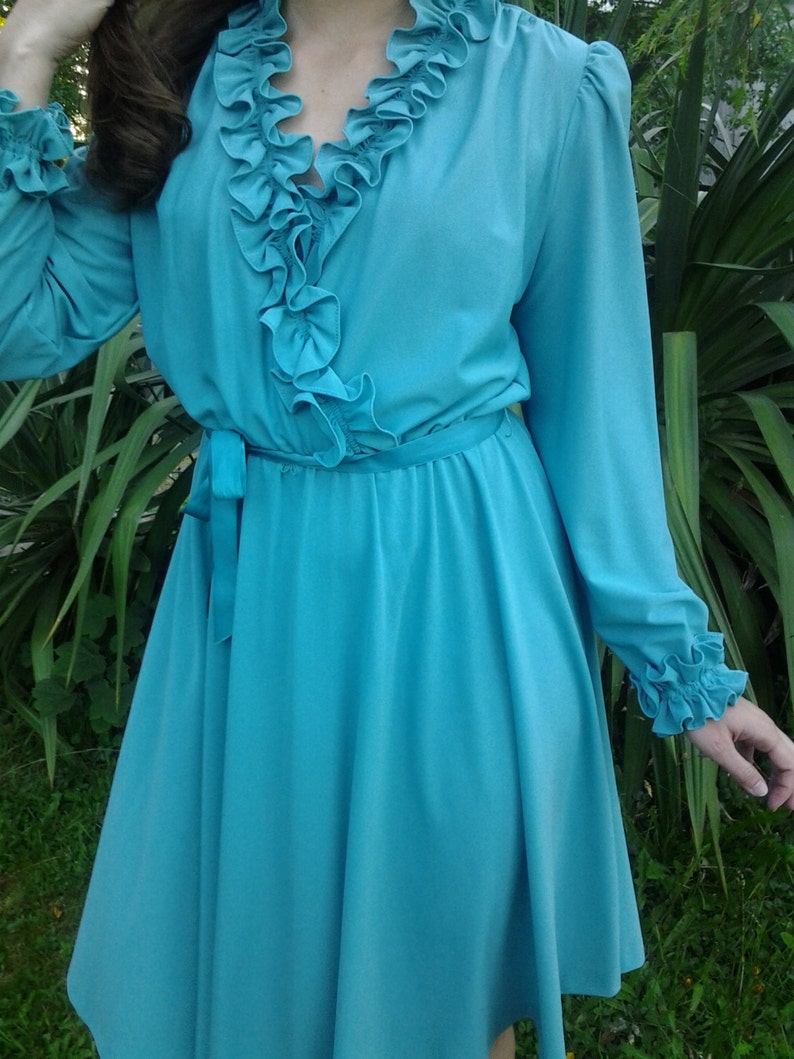 Vintage Teal Dress With Ruffles on Neckline Bodice and Cuffs Etsy