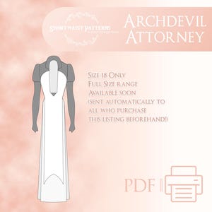 Puede incluir: Una ilustración digital de un vestido blanco con cuello alto y mangas largas. El texto "ARCHDEVIL ATTORNEY" está en la parte superior de la imagen. El texto "SIZE 18 ONLY" está en la esquina inferior derecha de la imagen. El texto "FULL SIZE RANGE AVAILABLE SOON (SENT AUTOMATICALLY TO ALL WHO PURCHASE THIS LISTING BEFOREHAND!)" está debajo del texto "SIZE 18 ONLY". El texto "PDF" está en la esquina inferior derecha de la imagen.
