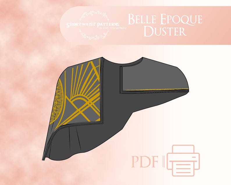 K&ouml;nnte beinhalten: Eine digitale Illustration eines grauen und goldenen gemusterten Dusters, einer Art langem Mantel, mit dem Text "Belle Epoque Duster" und "PDF" auf dem Bild.
