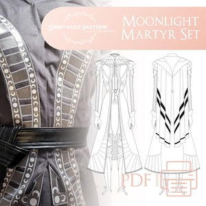 Puede incluir: Una prenda gris oscuro con adornos decorativos plateados y marrones, un cinturón negro y un dibujo lineal de un disfraz etiquetado como "Moonlight Martyr Set". La imagen también incluye el texto "Short Waist Patterns."
