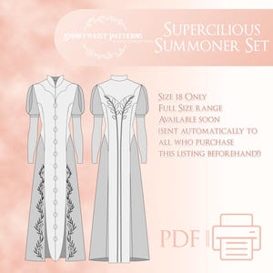 Puede incluir: Dibujo de línea de un vestido largo blanco con cuello alto y mangas largas. El vestido tiene un diseño floral en la parte delantera y trasera. El texto "Supercilious Summoner Set" y "Size 18 Only" es visible. El texto "Full Size Range Available Soon (Sent automatically to all who purchase this listing beforehand!)" también es visible.