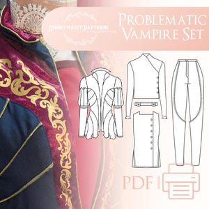 May include: A digital pattern for a vampire costume set, featuring a jacket, shirt, and pants. The pattern is in black and white line art style. The text "Problematic Vampire Set" is at the top of the image.