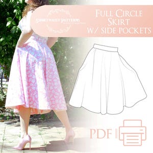 May include: A digital sewing pattern for a full circle skirt with side pockets. The pattern is in PDF format and can be printed at home. The skirt is shown on a model wearing a pink and white patterned skirt.