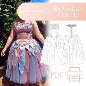May include: A sewing pattern titled Barbara's Odette by Shortwaist Patterns, featuring a strapless bodice with a petal-like neckline and a layered skirt with alternating pink and blue fabric panels, shown as a finished garment and a line drawing.