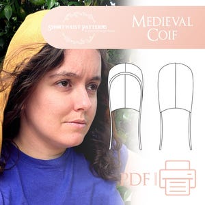 Puede incluir: Una mujer con una cofia medieval de color amarillo mostaza, un gorro ajustado. La imagen incluye un diagrama de la cofia y el texto "Medieval Coif" y "Short Waist Patterns". La mujer lleva una camiseta azul.