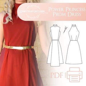 Puede incluir: Una ilustración digital de un vestido sin mangas con cuello alto y un corpiño ajustado. El vestido tiene una falda completa y se muestra con un cinturón. El texto "POWER PRINCESS PROM DRESS" se muestra encima de la ilustración. El texto "PDF" se muestra debajo de la ilustración.
