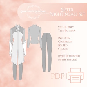 May include: A digital sewing pattern for a Sister Nightingale set, size 18 only. The pattern includes a gambeson, bolero, and gloves. The pattern is a test pattern and will be updated in the future. The pattern is available as a PDF download.