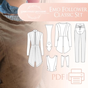 May include: A digital sewing pattern for a classic emo-inspired outfit. The pattern includes a jacket, waistcoat, trousers, and a tie. The pattern is available as a PDF download. The text "EMO FOLLOWER CLASSIC SET" is printed on the image.