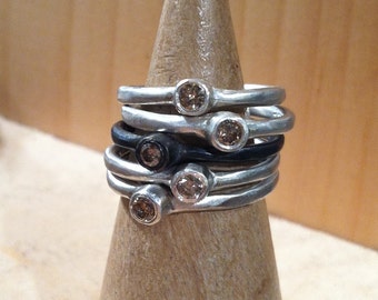 Cognac Diamond Sterling Silver Ring, Diamond Stack Rings