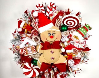 Gingerbread Mesh Wreath with Gingerbread House, Peppermint Candies and Candy Canes, Holiday Fun Wreath for your home