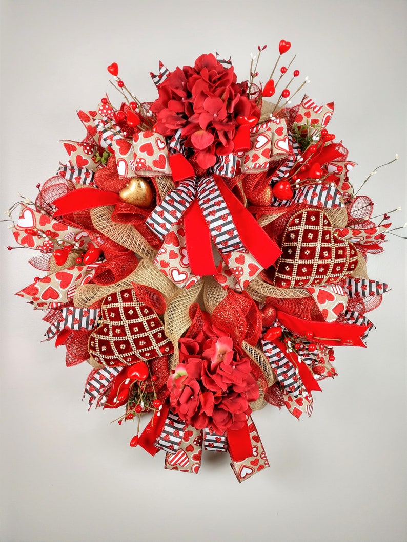 Valentine's Day Red Hydrangea Mesh Wreath With Hearts for Etsy