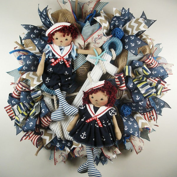Anchor Mesh Wreath, Sailor Boy and Girl Mesh Wreath, Nautical Wreath, Anchor Wreath, Nautical Decor