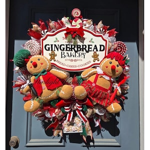 Gingerbread Bakery with Boy and Girl Gingerbread Mesh Wreath for your Holiday Door