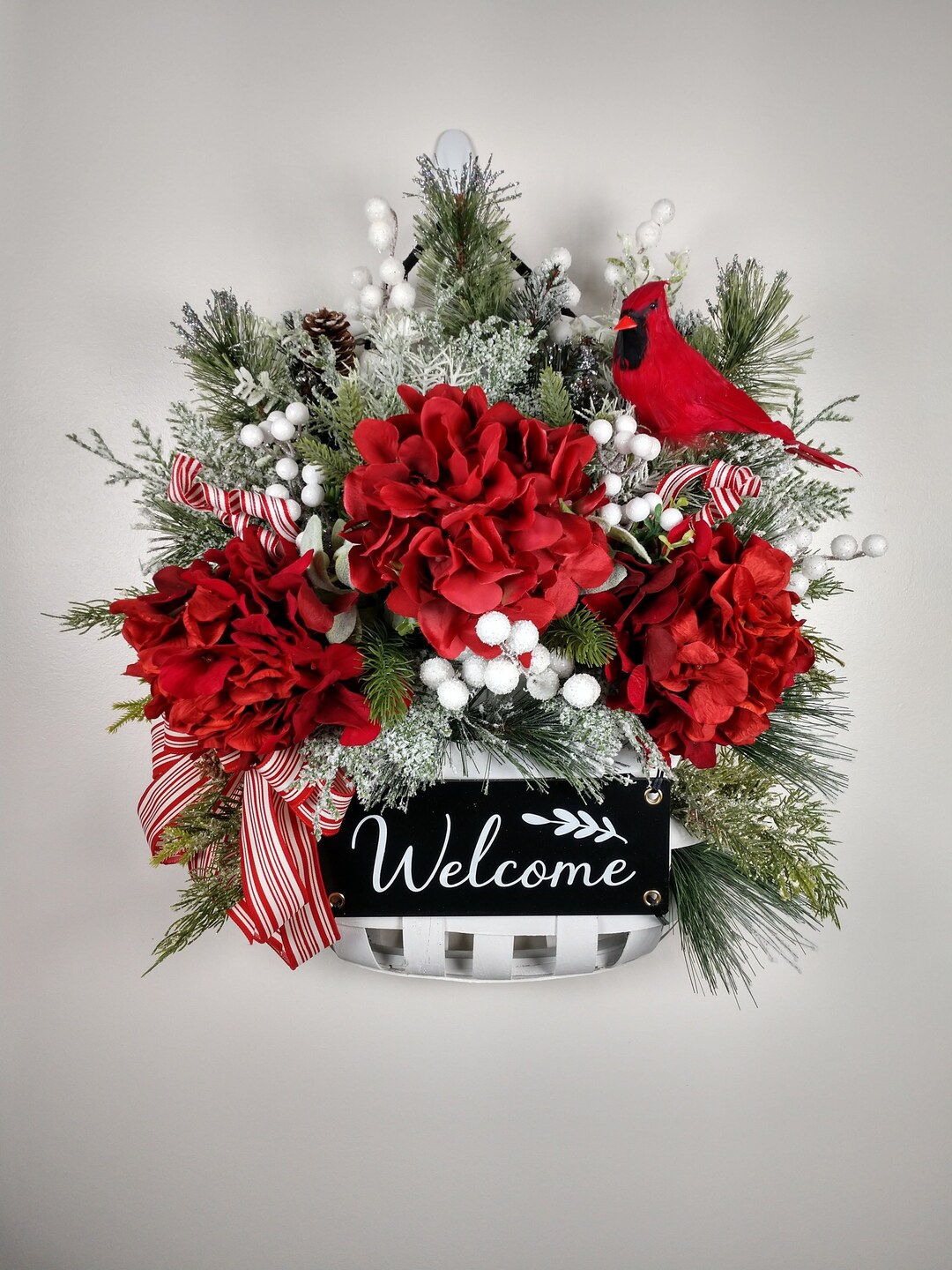 Floral Basket Door Hanger With Red Hydrangeas, White Berries
