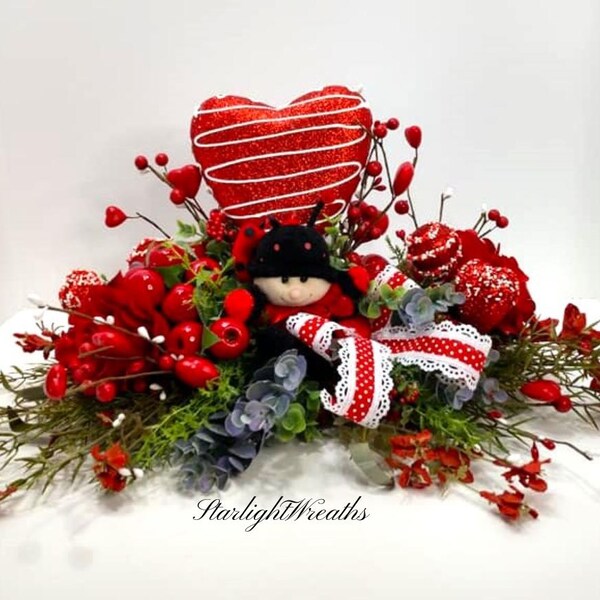 Love Bug Valentines Day Table Centerpiece with Hearts, Holiday Table Arrangement, Centerpiece Decoration