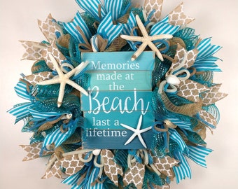 Beach Mesh Wreath with Starfish for your Summer Front Door, Memories Made at the Beach Wreath