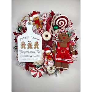 Fresh Baked Gingerbread Board with Girl Gingerbread Mesh Wreath and Peppermint Candies