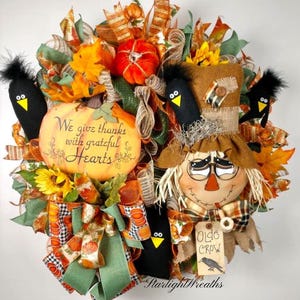 Scarecrow Fall Mesh Wreath with Pumpkins and Colorful Leaves, Autumn Door Decor