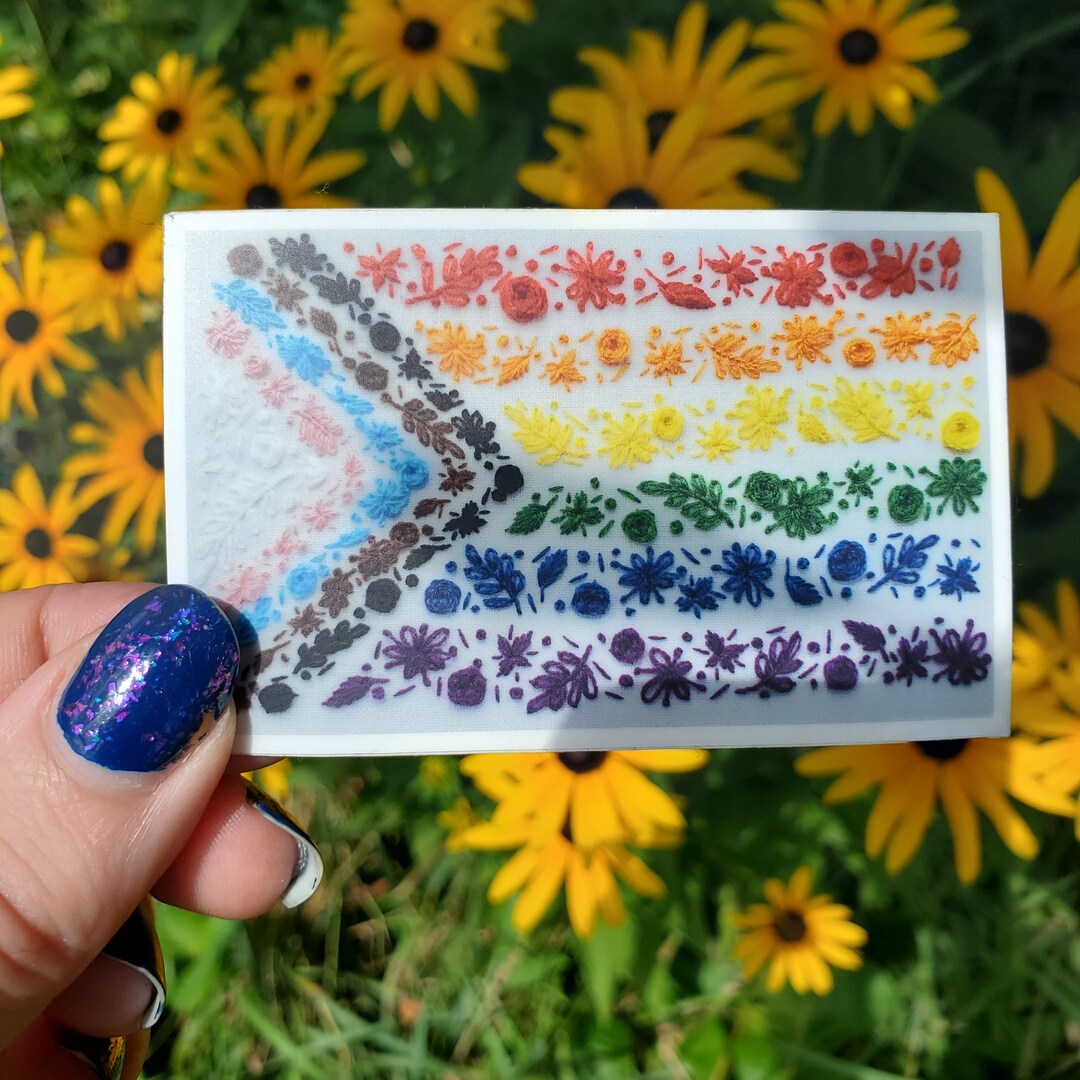 Progress Pride Flag Floral Embroidery Vinyl Sticker - 3x1.9 Inches ...
