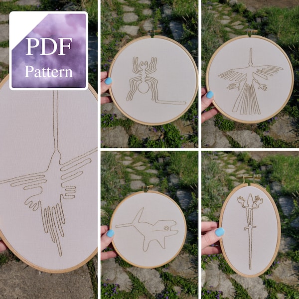 Nazca Lines Embroidery Pattern Bundle | PDF File | Spider | Lizard | Condor | Hummingbird | Whale | Peru | DIY | Beginner Friendly