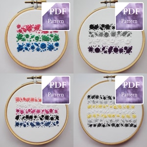 May include: Four embroidery hoops featuring different coloured embroidery designs. Each hoop has a white background and a wooden frame. The designs are all floral and geometric patterns. The hoops are labelled with "PDF Pattern".