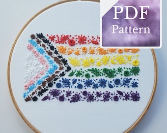 Progress Pride Flag Floral Embroidery Pattern - Stitching Guide Included - Beginner Friendly - PDF Files | LGBTQIA+ | Floral Embroidery