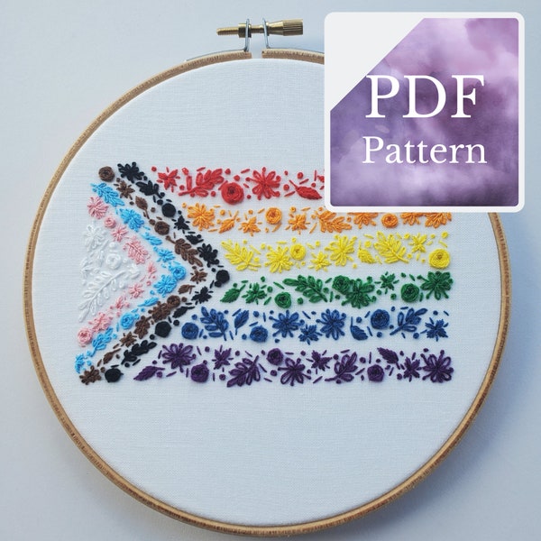 Progress Pride Flag Floral Embroidery Pattern - Stitching Guide Included - Beginner Friendly - PDF Files | LGBTQIA+ | Floral Embroidery