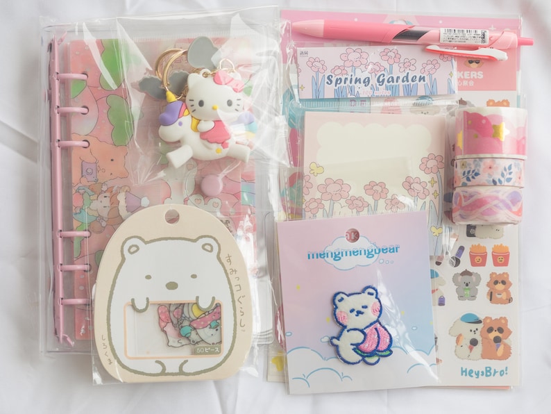 May include: A collection of stationery items in pink and pastel colors. Includes a pink binder, a Hello Kitty keychain, stickers, washi tape, a pen, and a notepad with floral designs. There is also a bear patch and a bear-shaped tag.