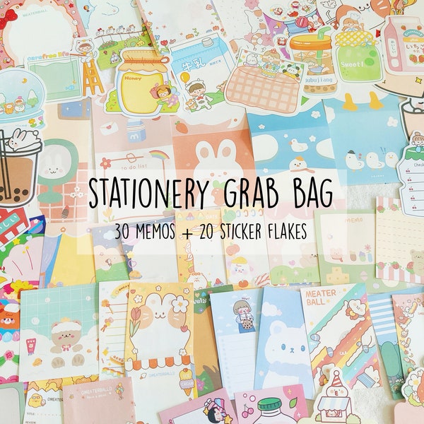 50+ items cute stationery grab bag memos, stickers perfect for planners, journals decoration, penpal exchange